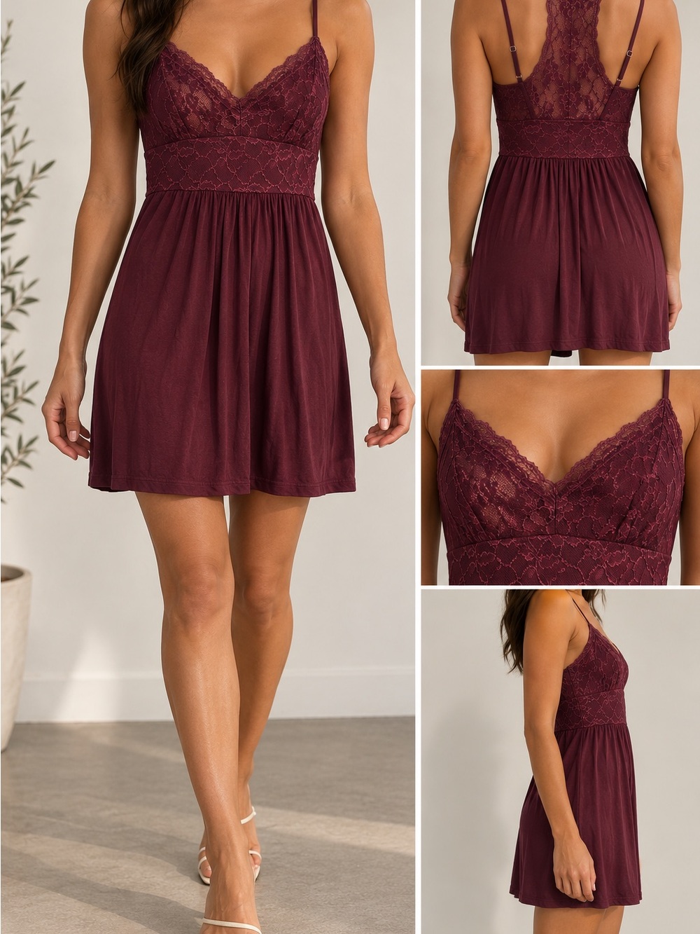 Quince Burgundy Lace Bamboo Viscose Mini Dress Size Medium